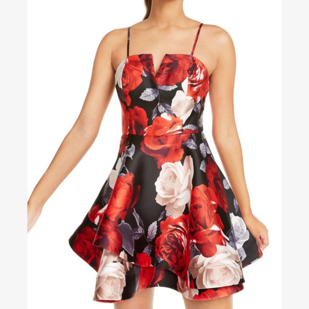Trixxi Dress Juniors Women Red Spaghetti Strap Floral Print Fit & Flare Cocktail